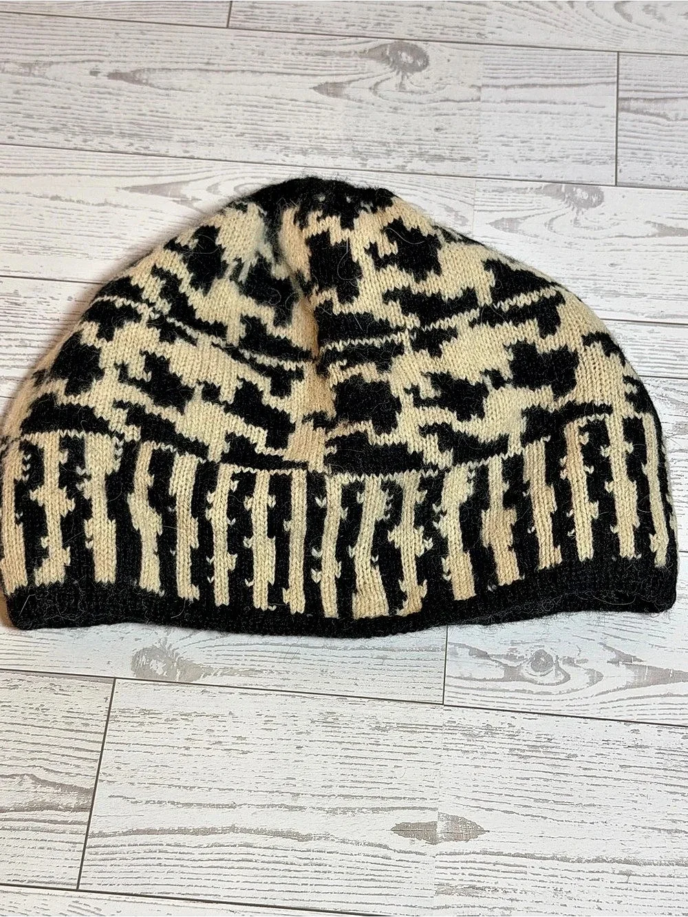 Echo Women’s Wool Angora Beanie Black Ivory Geometric Knit Winter Hat
